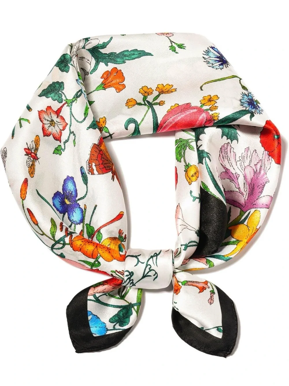 Floral Print Silk-Like Square Scarf in White with Multicolor Blooms
